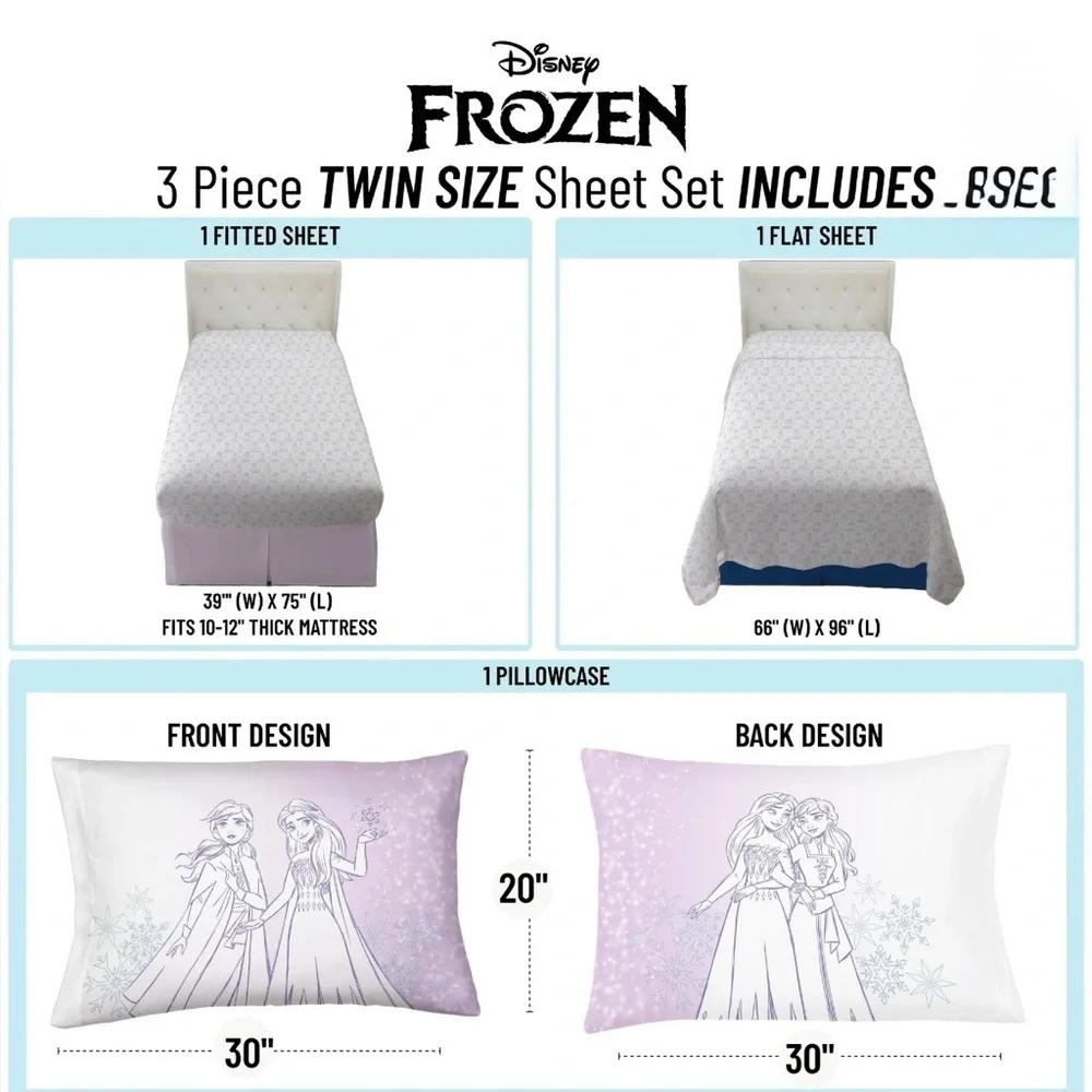 Frozen Winter Frost Adventures 3-Piece Twin Sheet Set, White & Purple, Disney